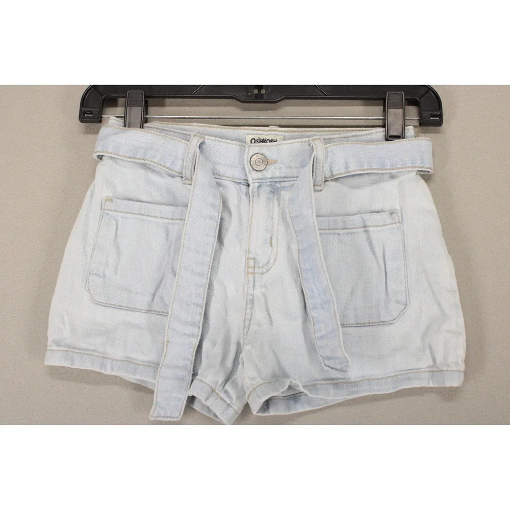 OshKosh Bgosh Girls Light Wash Denim Shorts Tie Belt Pockets Size 8 Cute